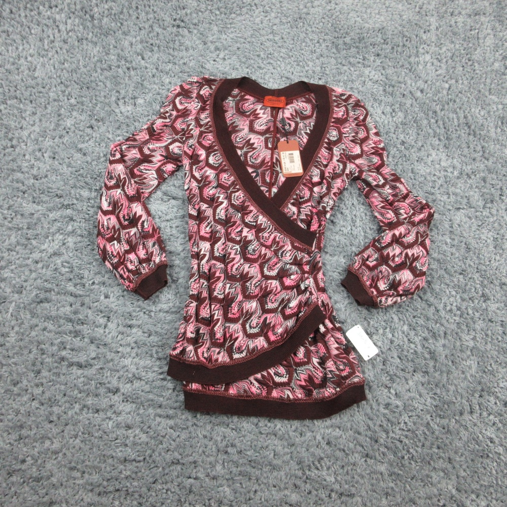 Missoni Sweater Womens 8 Brown Pink Fitted Wool Rayon Italy Nedda Blouse NWT